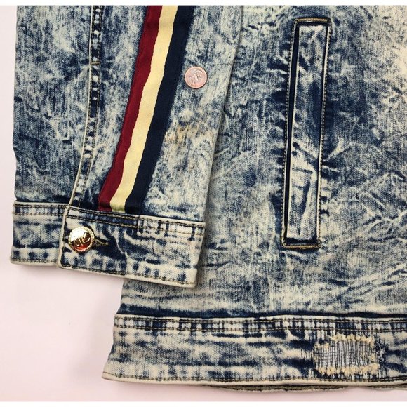 Makobi Mens 6XB Acid Wash Blue Denim Jean Track Jacket Distressed Faded Stripes - Picture 3 of 12
